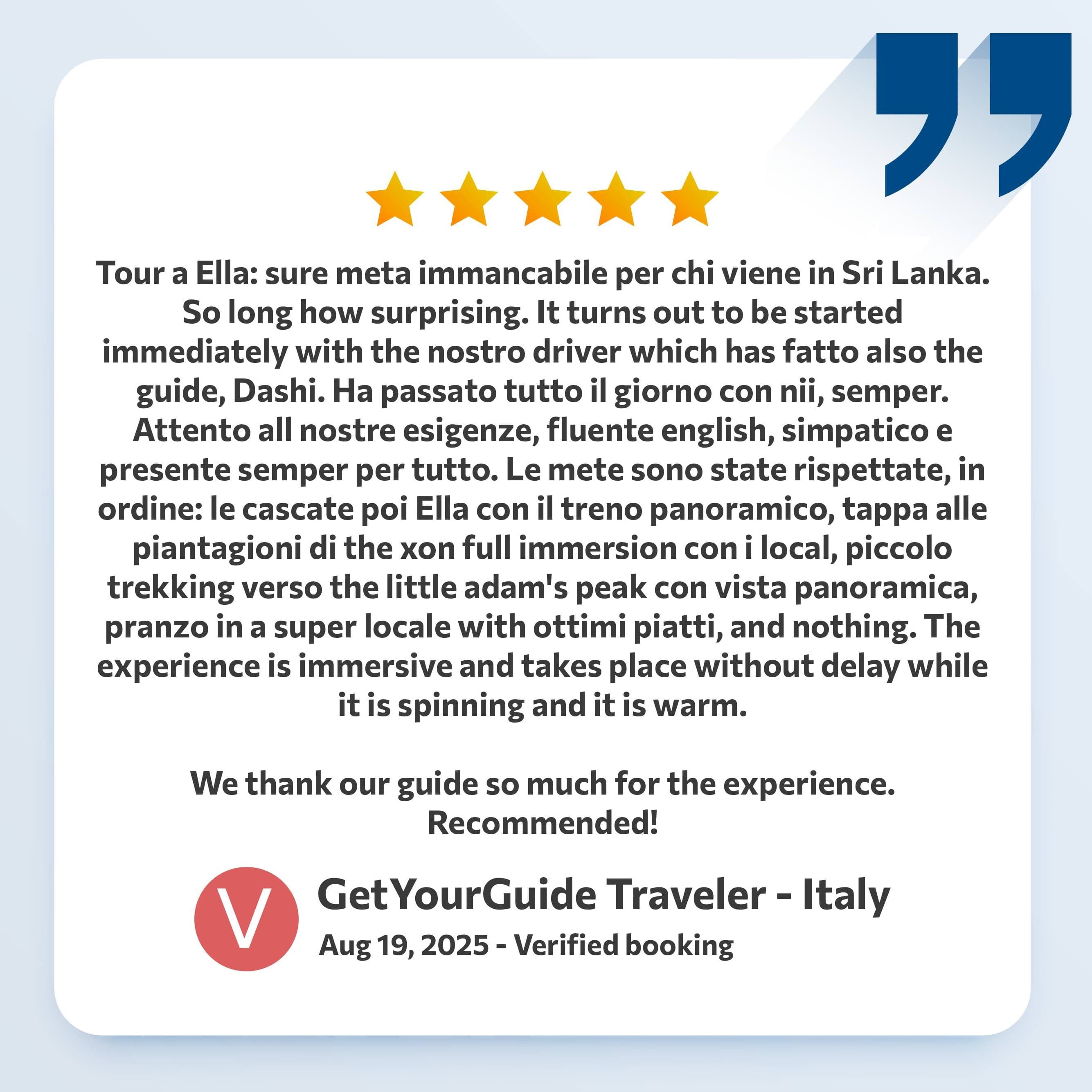 Verified customer review for Sri Lanka tour and airport transfer service